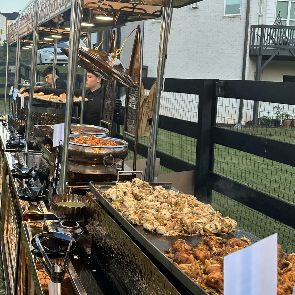 Outdoor catering buffet with hot dishes