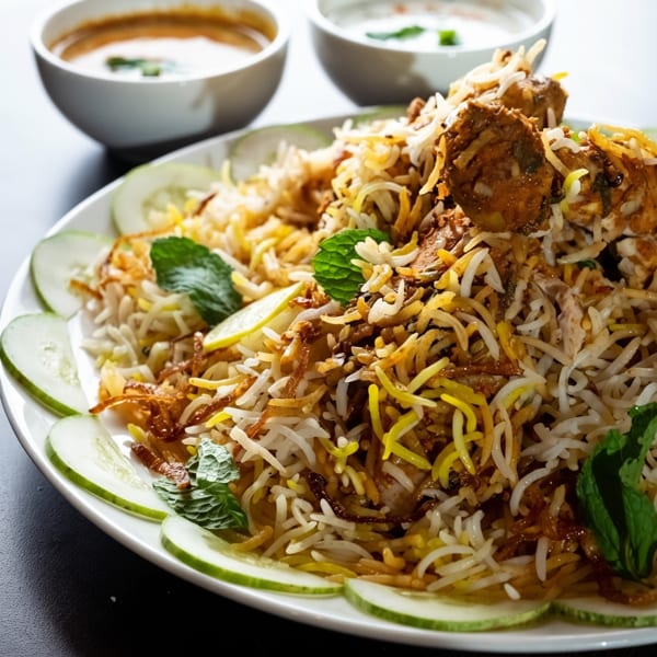Chicken biryani with rice, mint, and cucumber slices, served with two bowls of sauce.