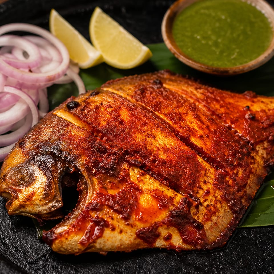 Whole grilled fish, seasoned with red spices, served with lime wedges, onion rings, and green chutney.