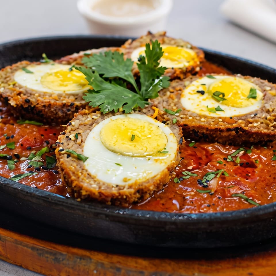 Four Scotch eggs, halved, in a sizzling cast iron pan with red sauce and cilantro.
