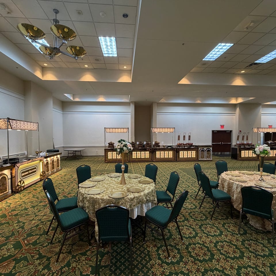 Banquet room set up with catering stations