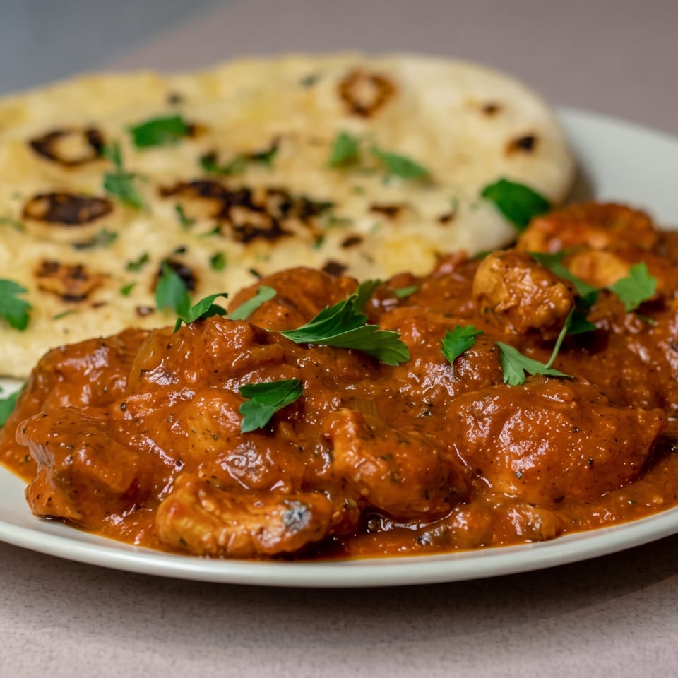 Chicken tikka masala with naan bread, garnished with fresh parsley on a white plate.